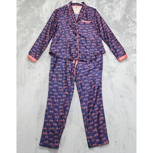 Anthropologie Lilka Pajama Set Womens XS Blue Satin Bicycle Print Sweet Dreams